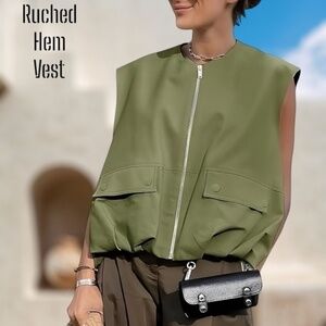 Oversized Ruched/Bubble Hem Sleeveless Zip Up Cargo Vest Blouse w/Pockets NWT